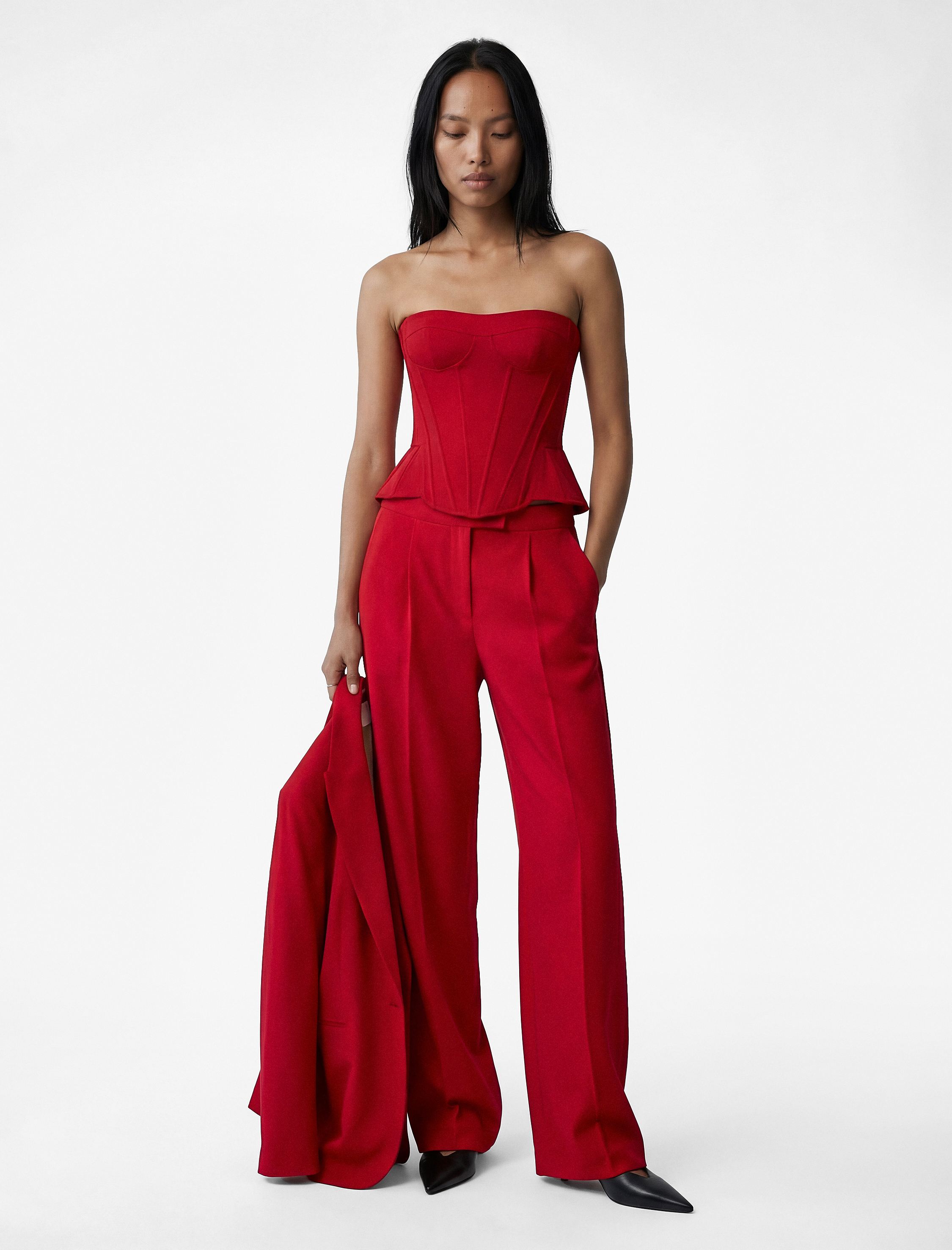   Slim Fit Asimetrik Peplum Kesim Crop Straplez Üst