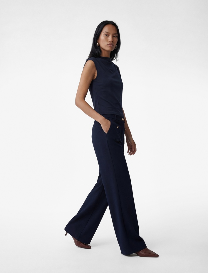  Aplike Cep Detaylı Yüksek Bel Geniş Paça Pantolon