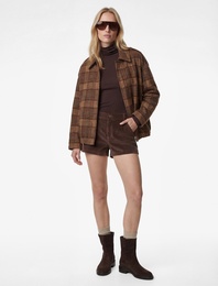 Uzun Kollu Cepli Gömlek Yaka Ekoseli Oversize Kaşe Ceket