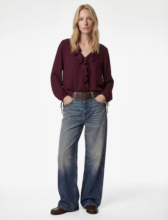  Bol Kalıp Uzun Kollu Fırfırlı V Yaka Şifon Crop Bluz