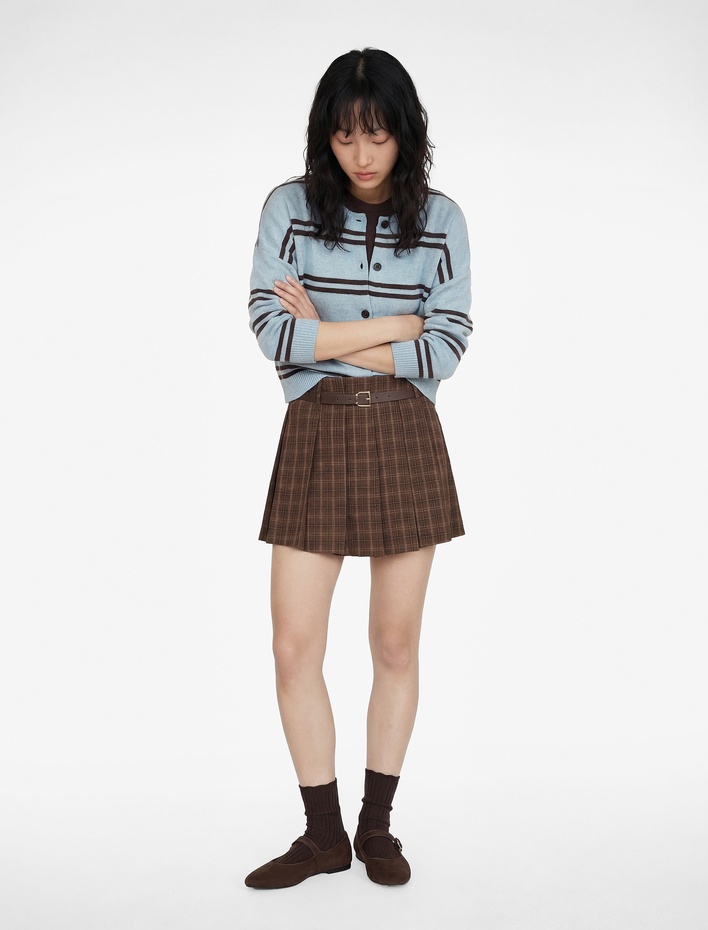  Kemerli Pile Detaylı Mini Ekose Şort Etek