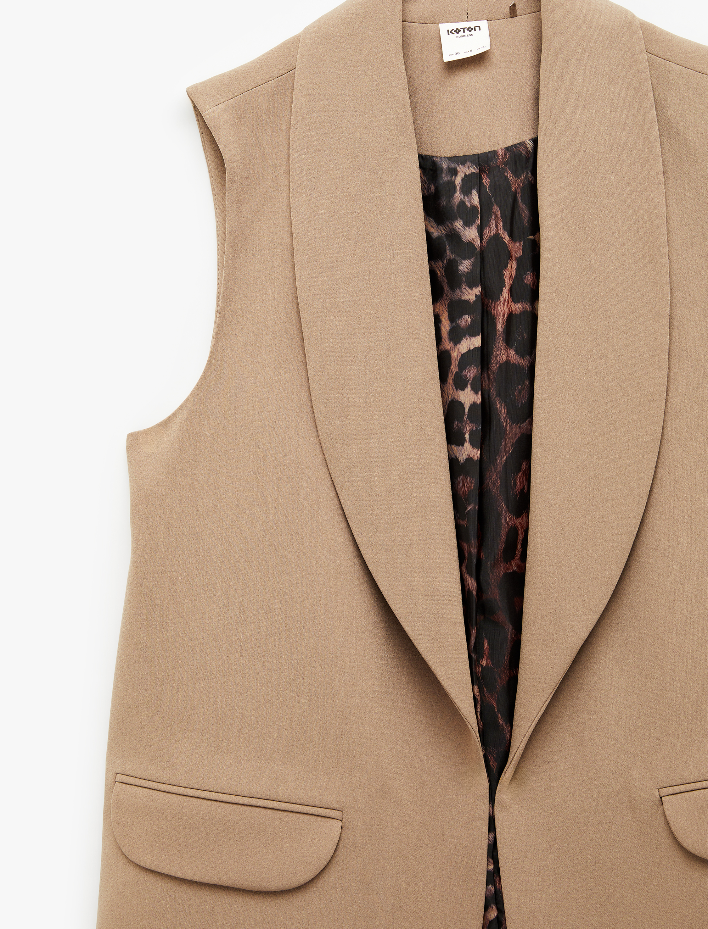   Astarı Leopar Desenli Cepli Uzun Blazer Yelek