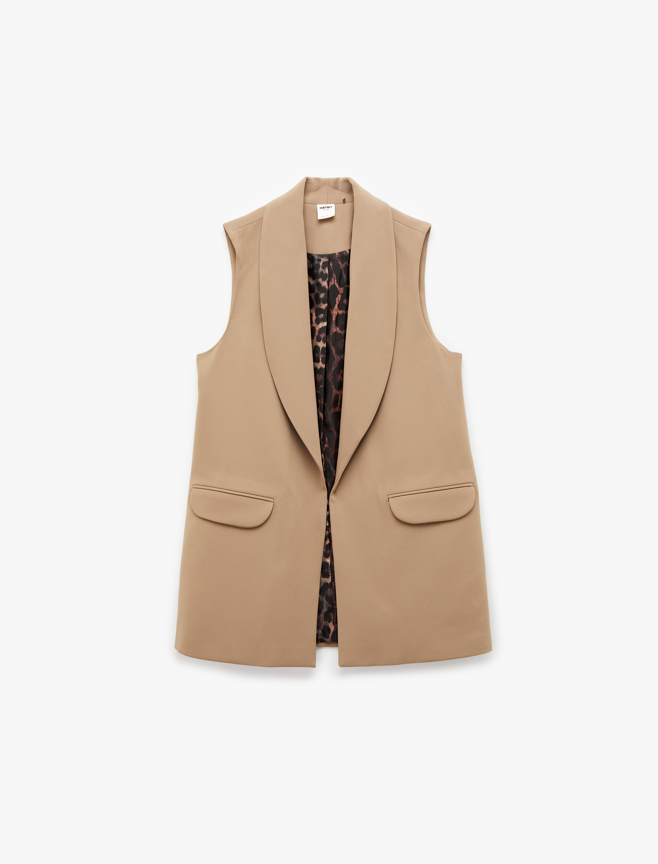   Astarı Leopar Desenli Cepli Uzun Blazer Yelek