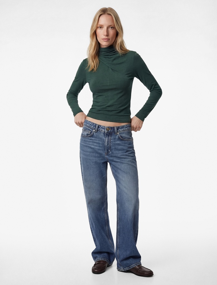  Uzun Kollu Slim Fit Drapeli Dik Yaka Tişört