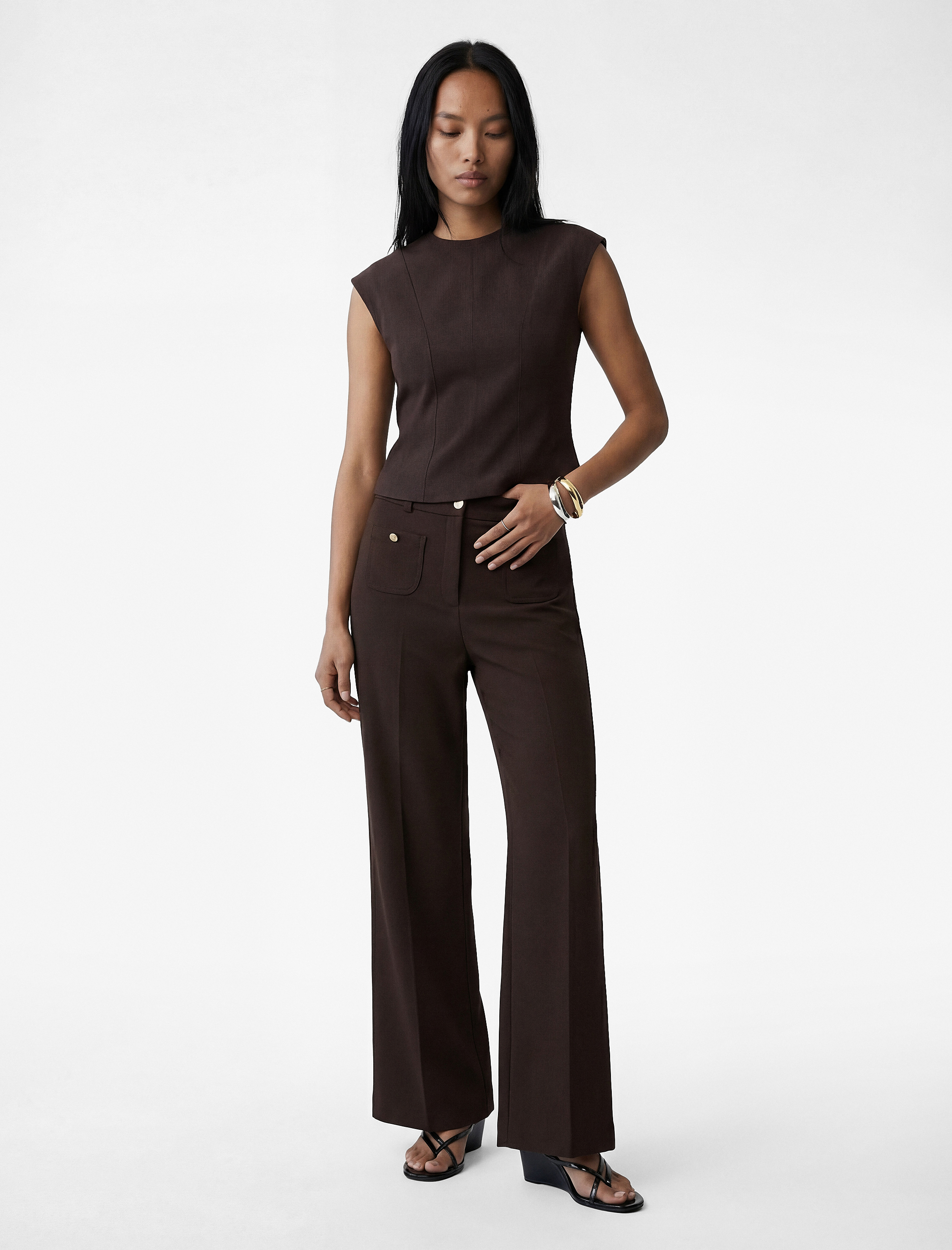   Aplike Cep Detaylı Yüksek Bel Geniş Paça Pantolon