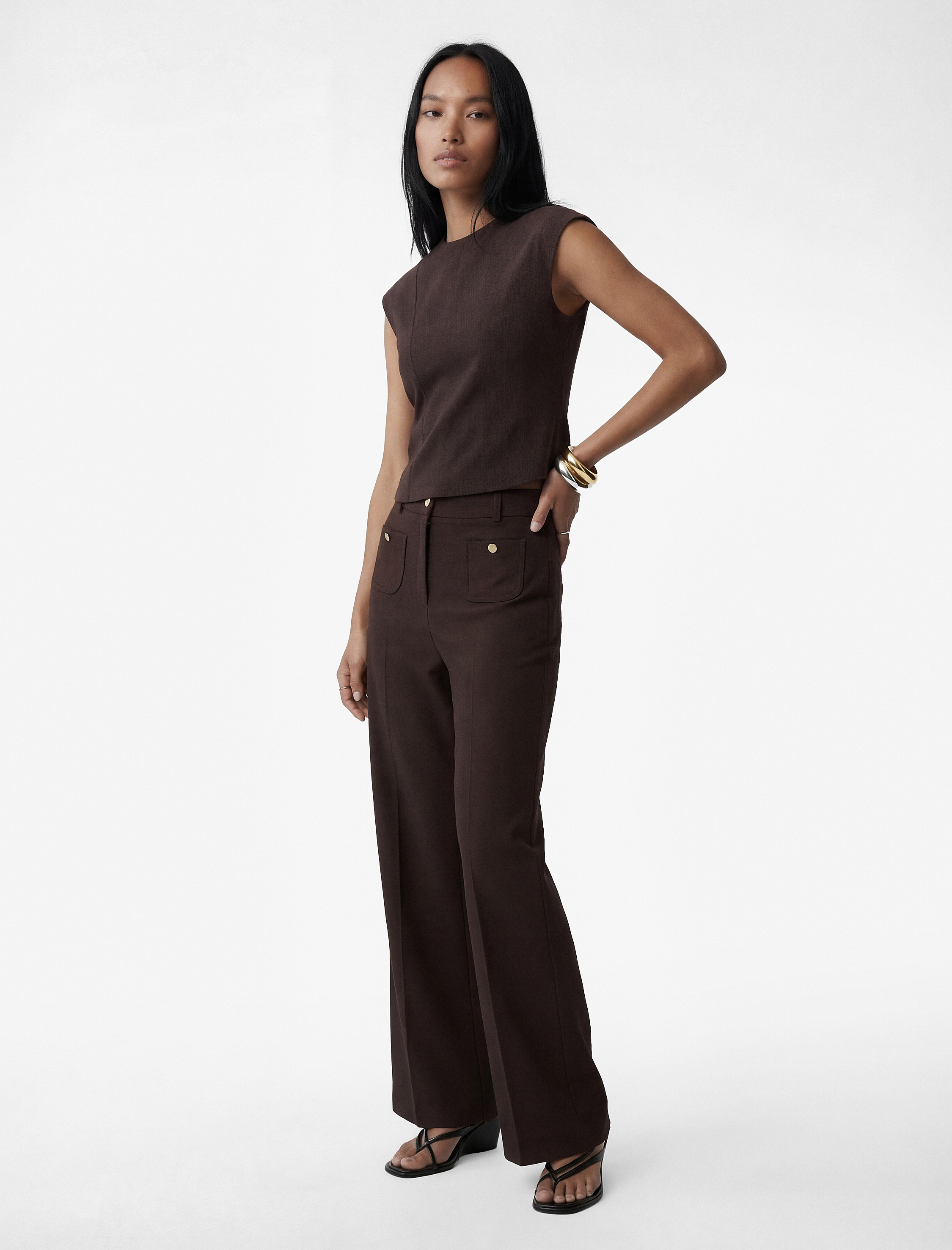   Aplike Cep Detaylı Yüksek Bel Geniş Paça Pantolon