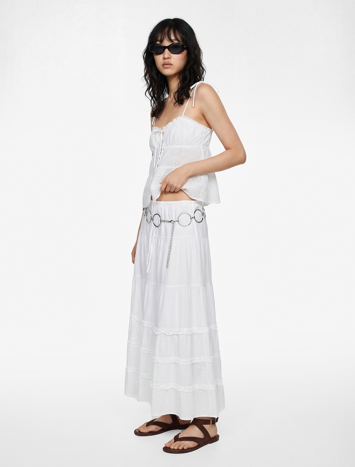  Rahat Kalıp Fırfır Detaylı Katlı Uzun A Kesim Etek