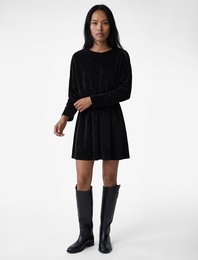 Uzun Kollu Bisiklet Yaka Simli Kadife Diz Üstü Elbise