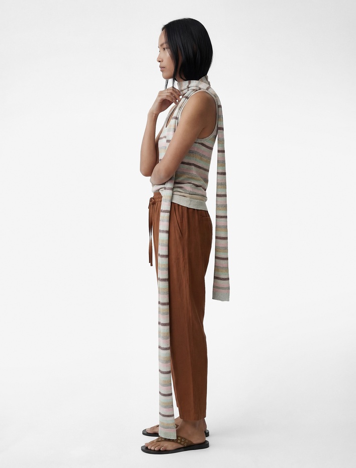  Keten Görünümlü Beli Bağcıklı Cepli Havuç Pantolon