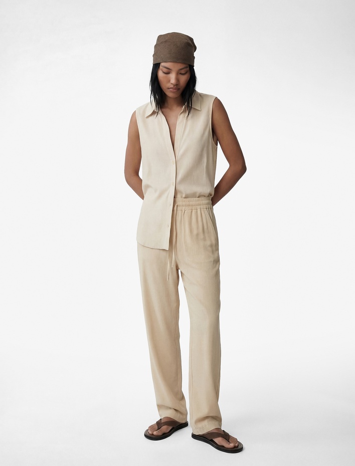  Keten Görünümlü Beli Bağcıklı Cepli Havuç Pantolon