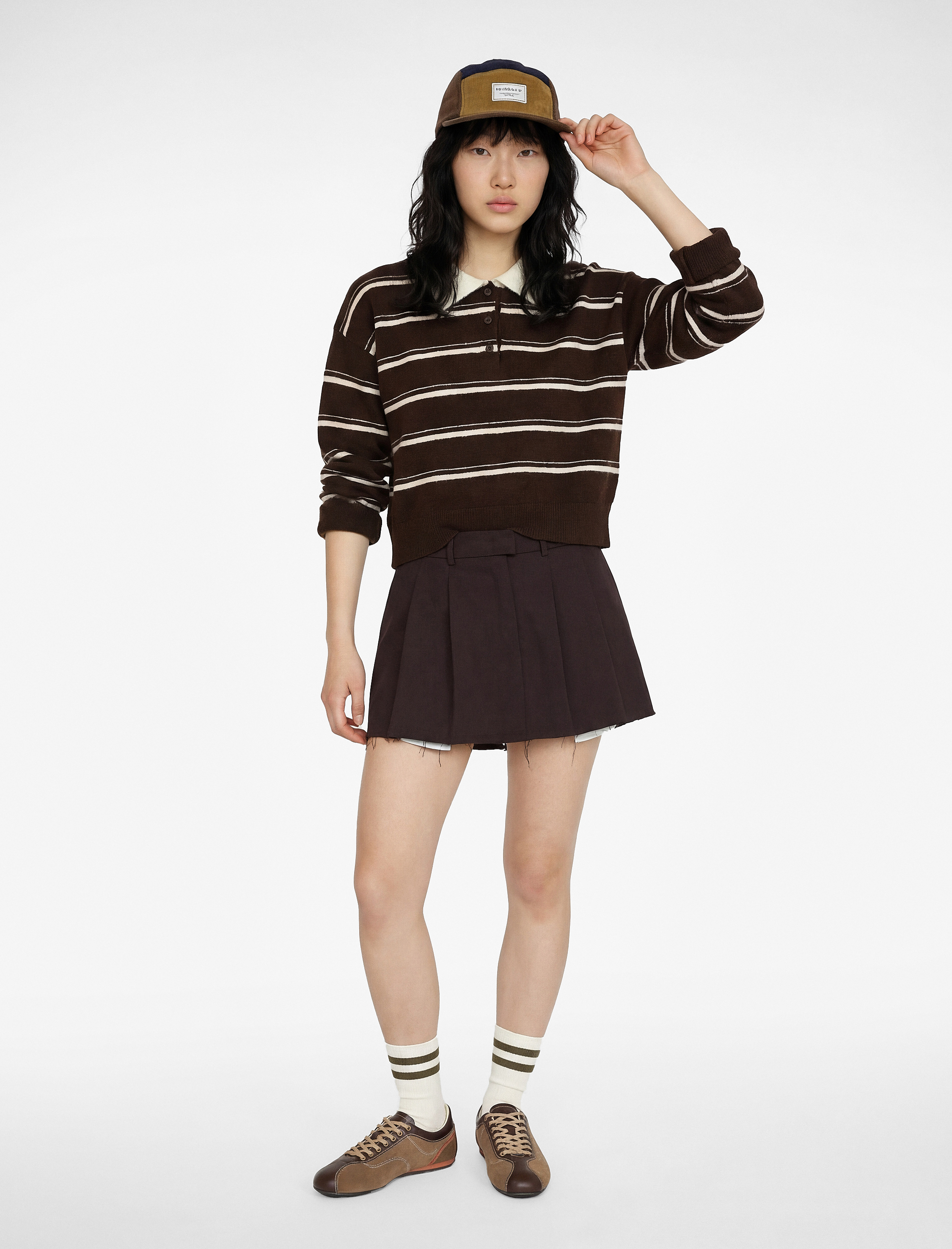   Düğmeli Uzun Kollu Polo Yaka Çizgili Triko Crop Kazak