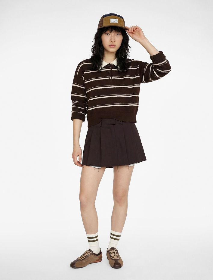  Düğmeli Uzun Kollu Polo Yaka Çizgili Triko Crop Kazak