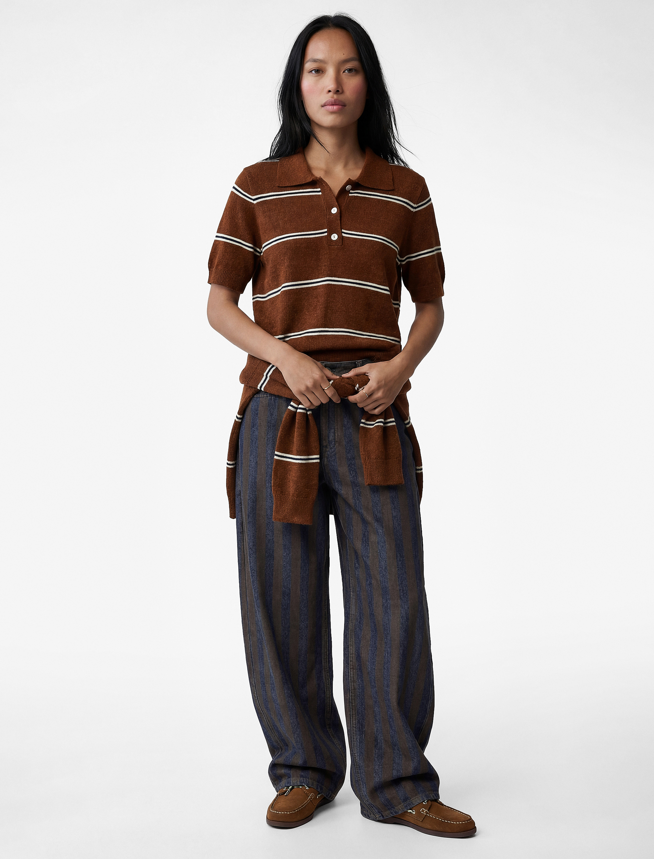   Kısa Kollu Polo Yaka Çizgili Şönil Kazak