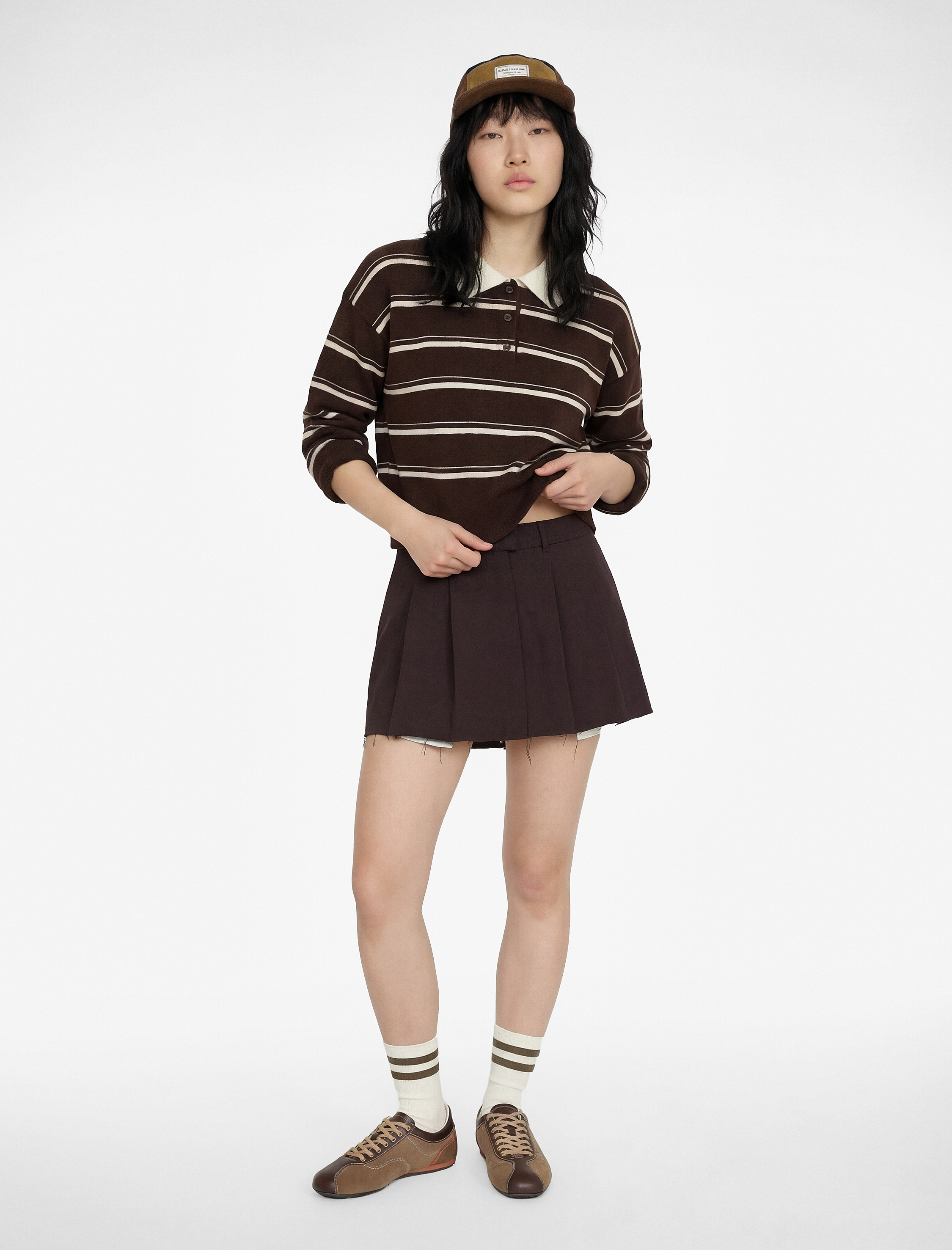   Düğmeli Uzun Kollu Polo Yaka Çizgili Triko Crop Kazak