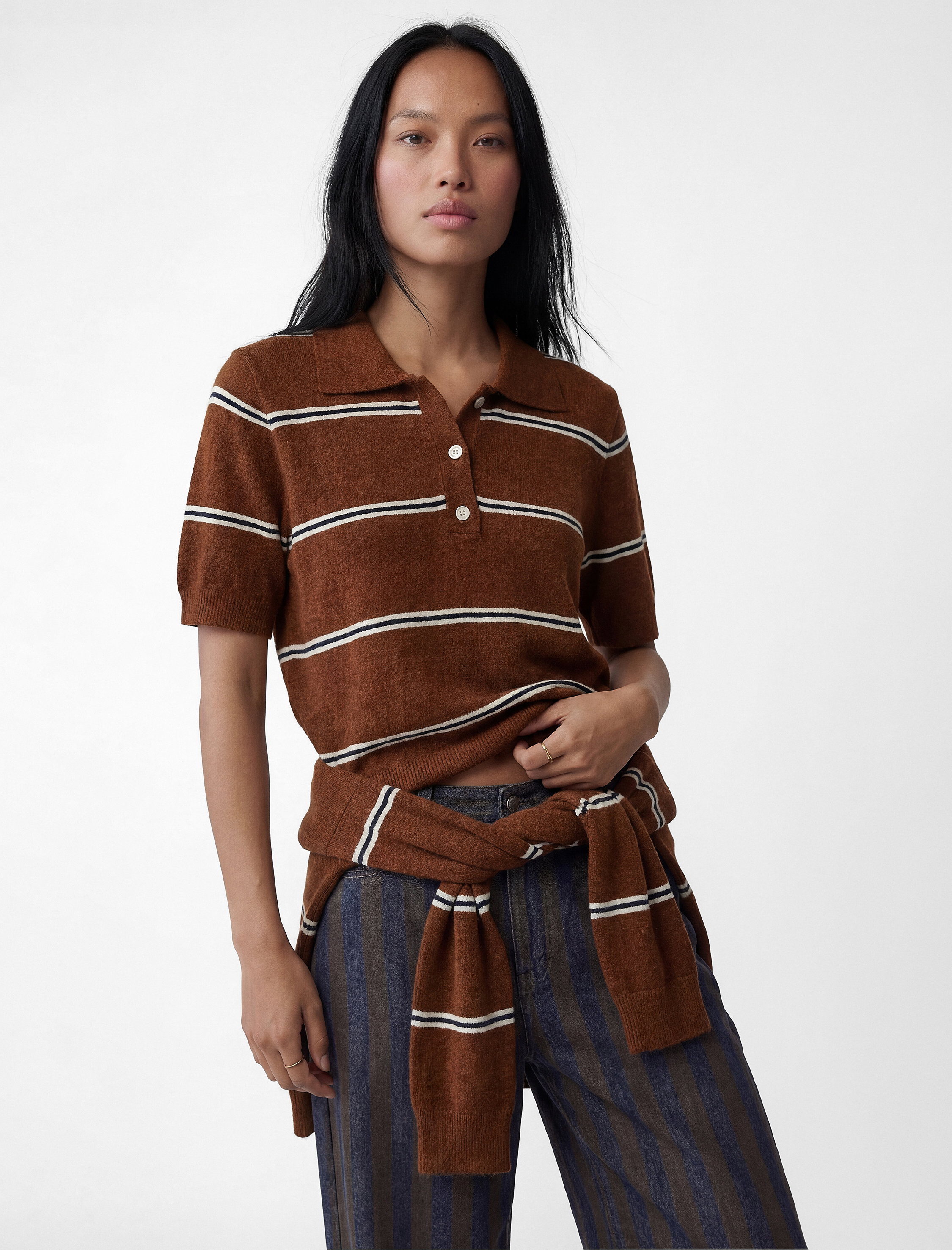   Kısa Kollu Polo Yaka Çizgili Şönil Kazak