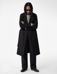 Uzun Kollu Düğmeli Cepli Kemerli Kruvaze Gabardin Trençkot