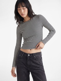 Uzun Kollu Pamuklu Kayık Yaka Çizgili Tişört