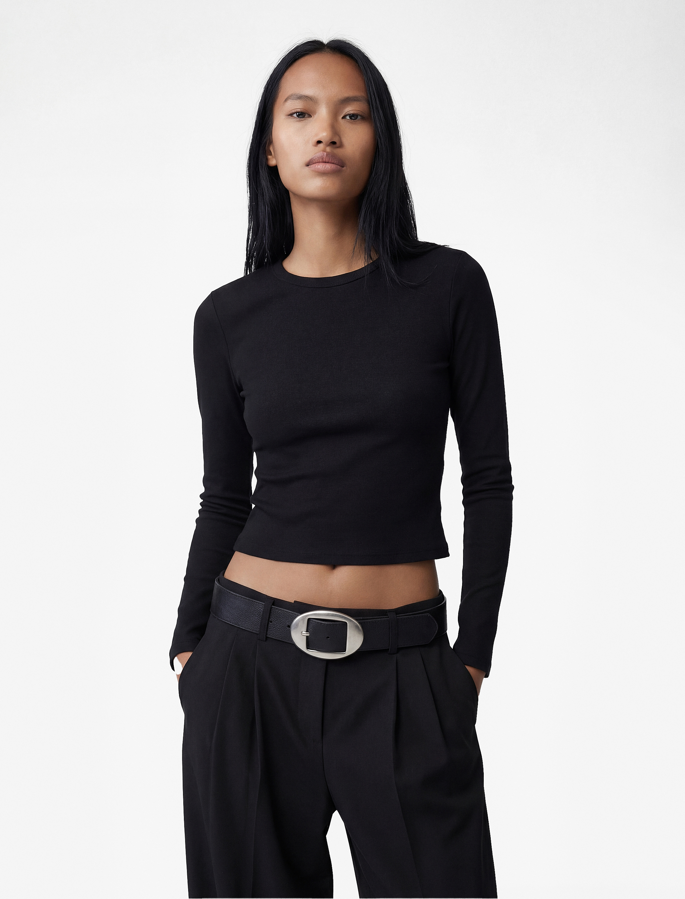   Viskon Ribanalı Slim Fit Uzun Kollu Bisiklet Yaka Tişört