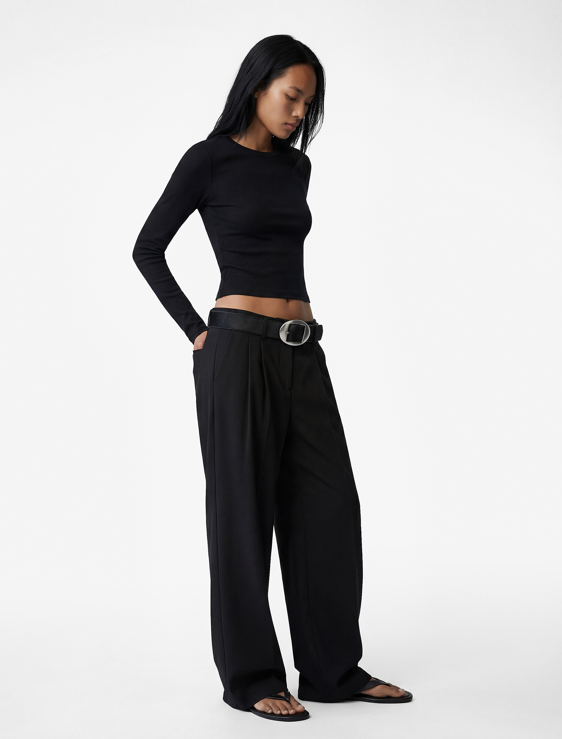   Viskon Ribanalı Slim Fit Uzun Kollu Bisiklet Yaka Tişört