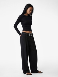 Viskon Ribanalı Slim Fit Uzun Kollu Bisiklet Yaka Tişört