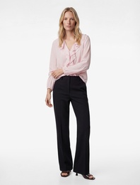 Viskon Manşetleri Lastikli Uzun Kollu V Yaka Fırfırlı Bluz