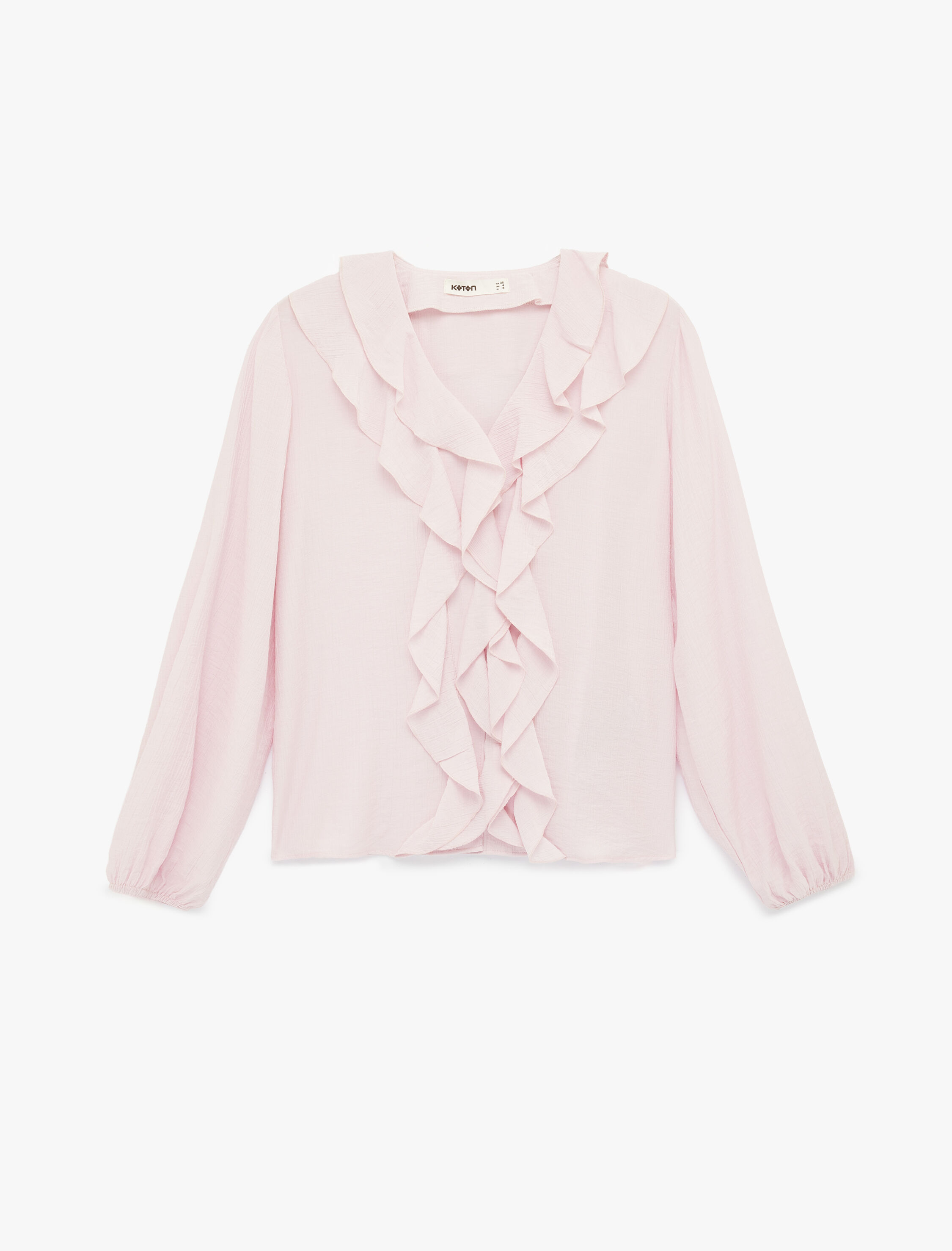   Viskon Manşetleri Lastikli Uzun Kollu V Yaka Fırfırlı Bluz