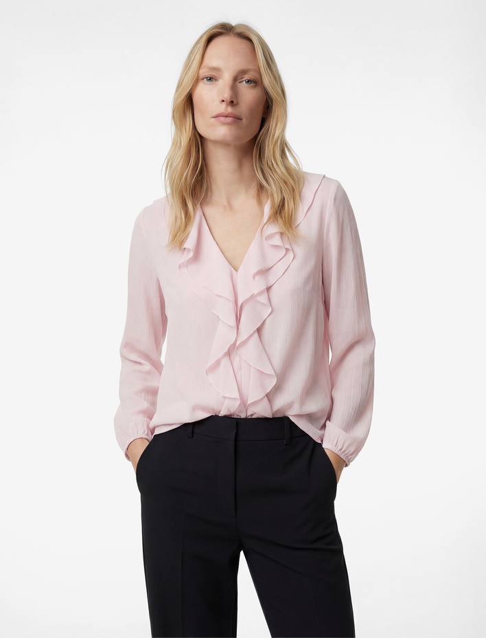  Viskon Manşetleri Lastikli Uzun Kollu V Yaka Fırfırlı Bluz