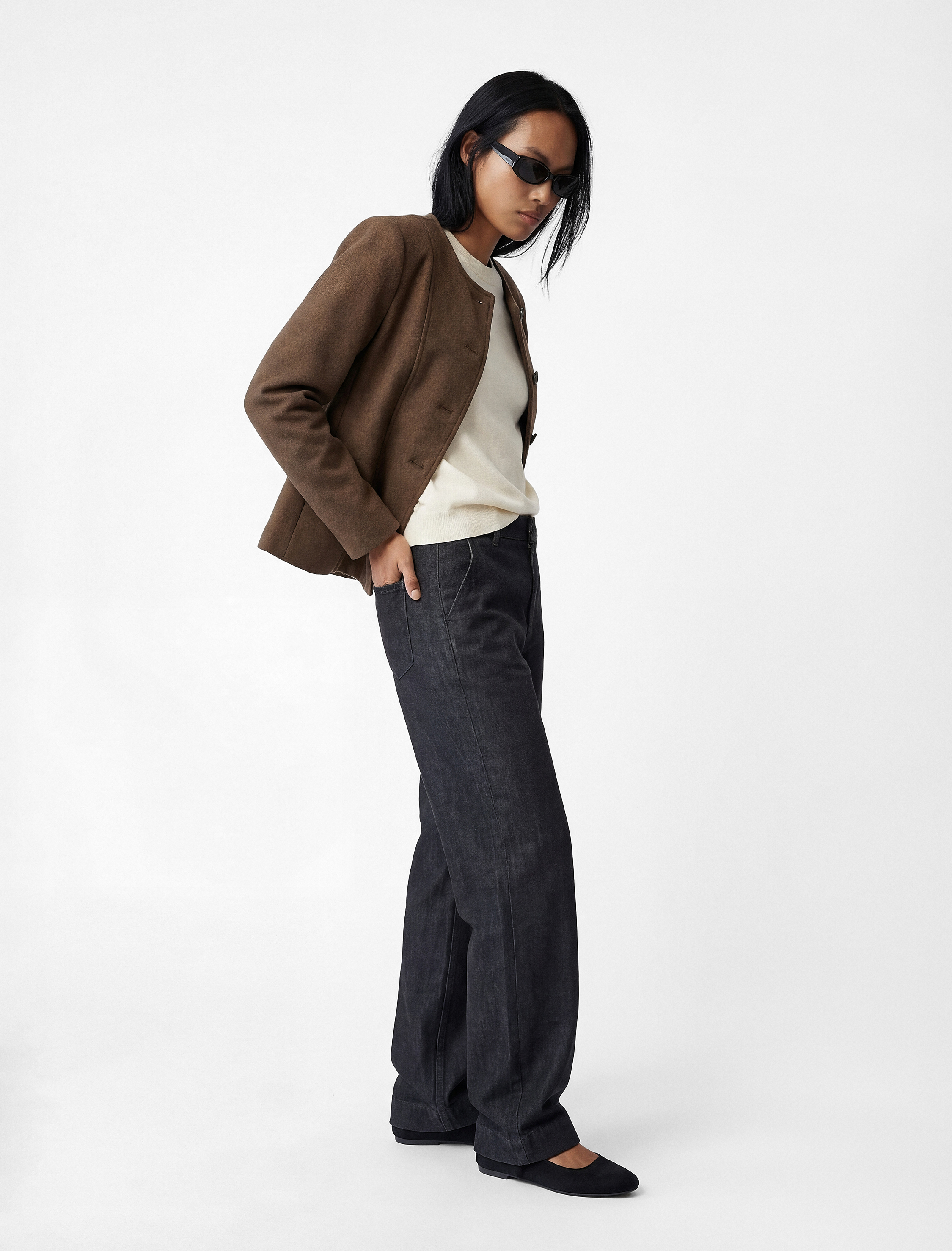   Slim Fit Düğmeli Uzun Kollu Bisiklet Yaka Kaşe Ceket