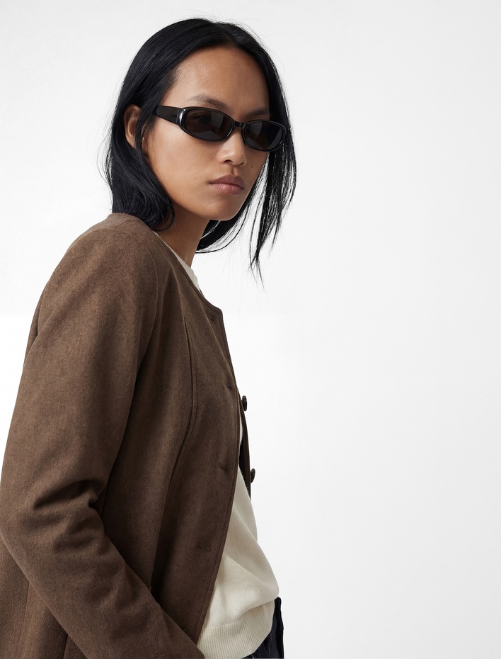  Slim Fit Düğmeli Uzun Kollu Bisiklet Yaka Kaşe Ceket