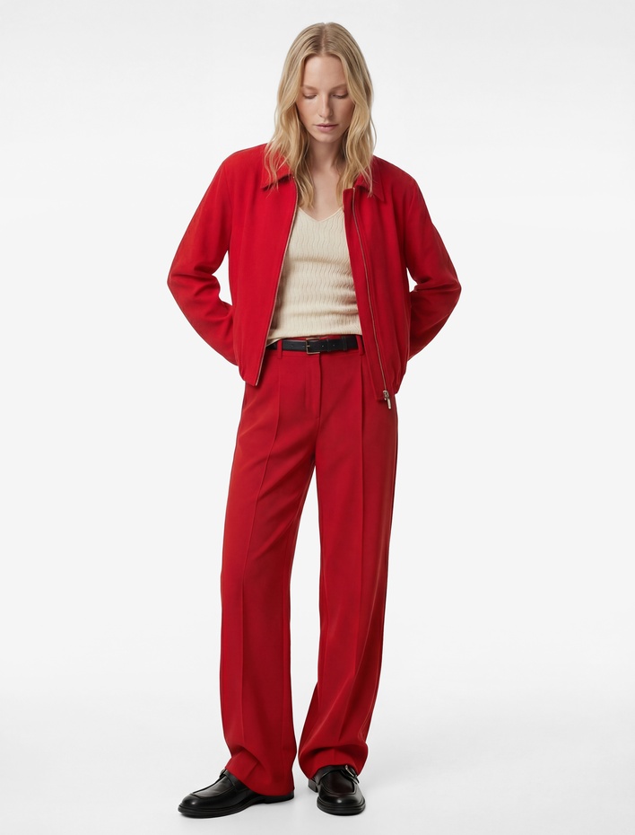  Krep Kumaş Cepli Uzun Kollu Fermuarlı Bomber Ceket