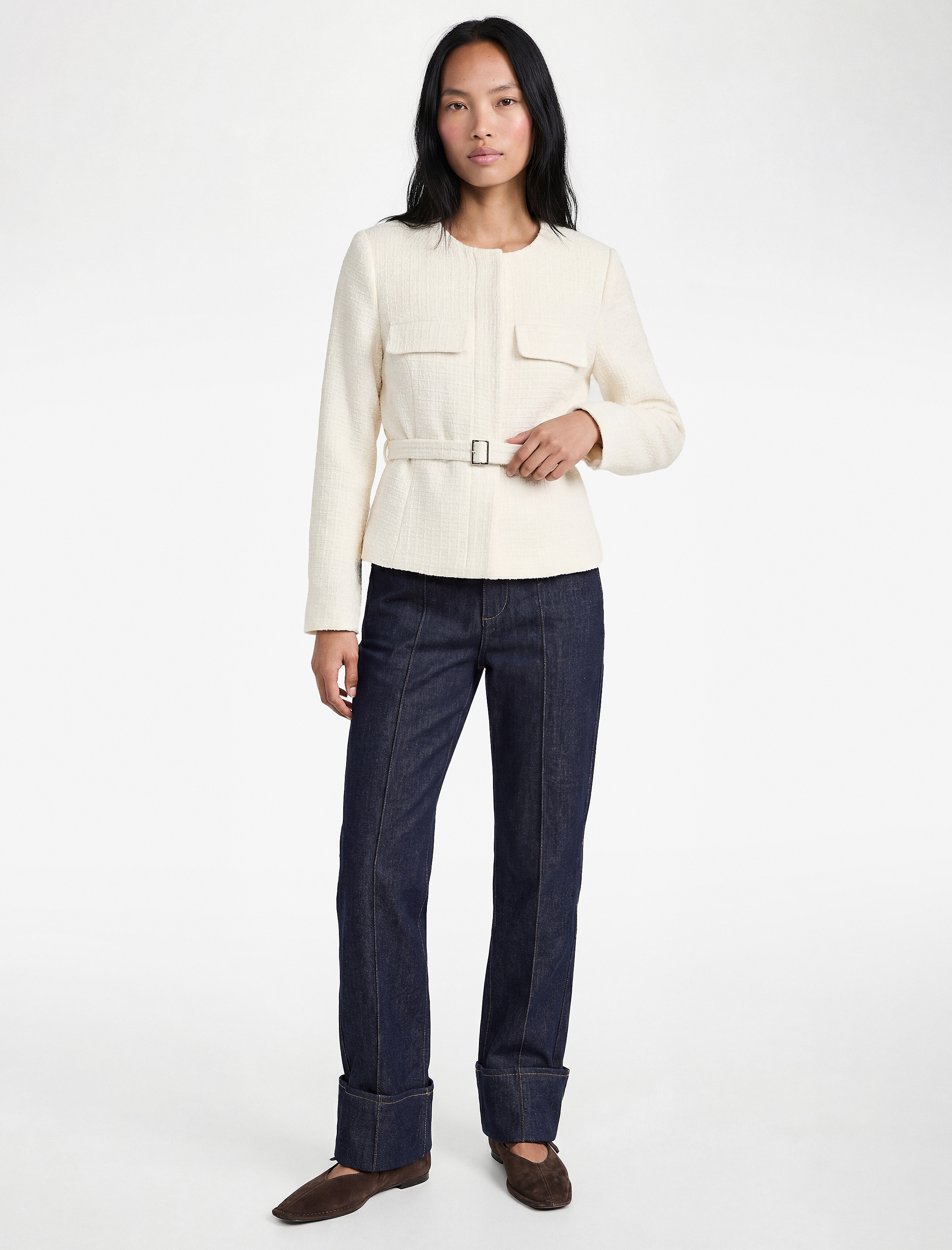   Slim Fit Uzun Kollu Bisiklet Yaka Kemerli Peplum Tüvit Ceket