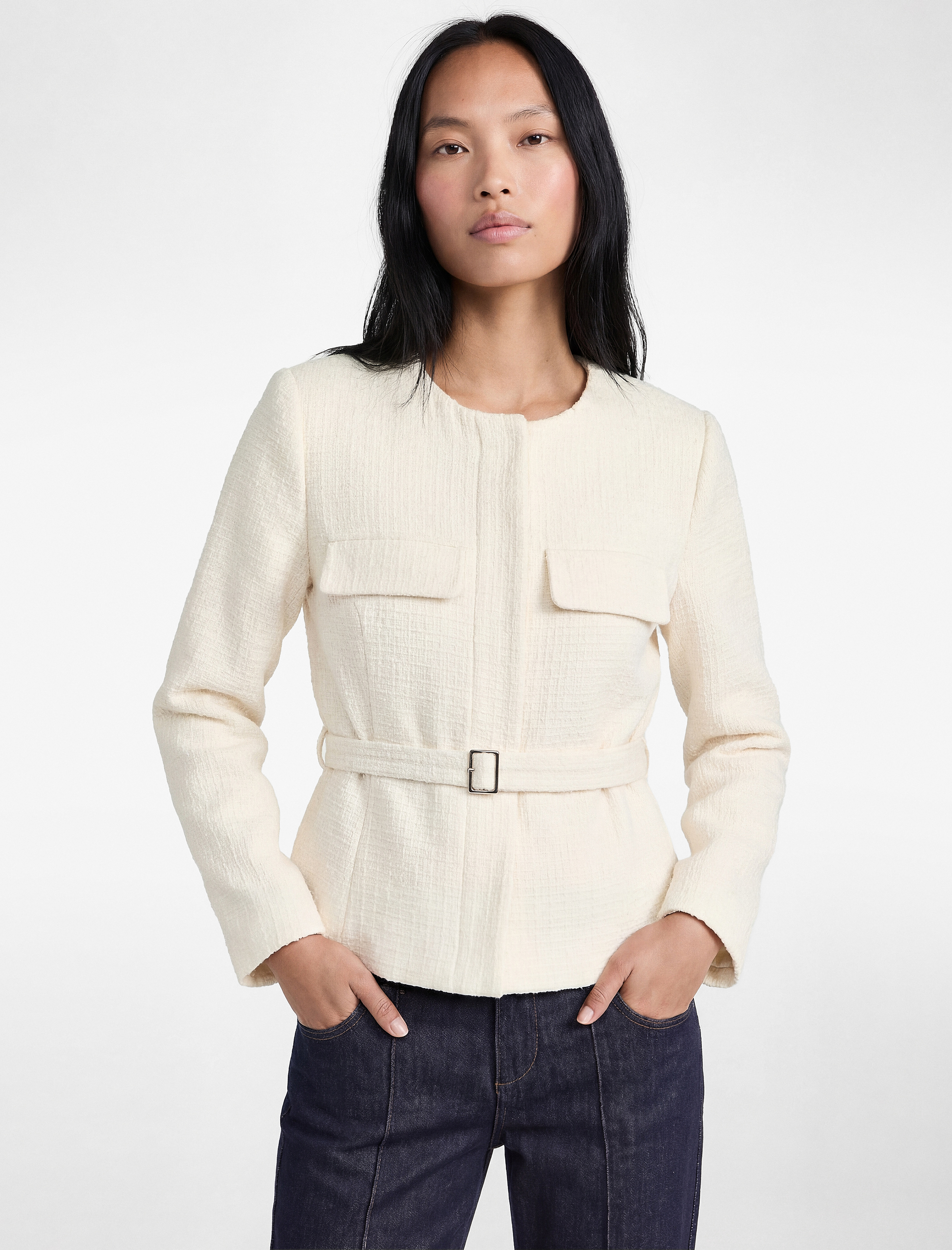   Slim Fit Uzun Kollu Bisiklet Yaka Kemerli Peplum Tüvit Ceket