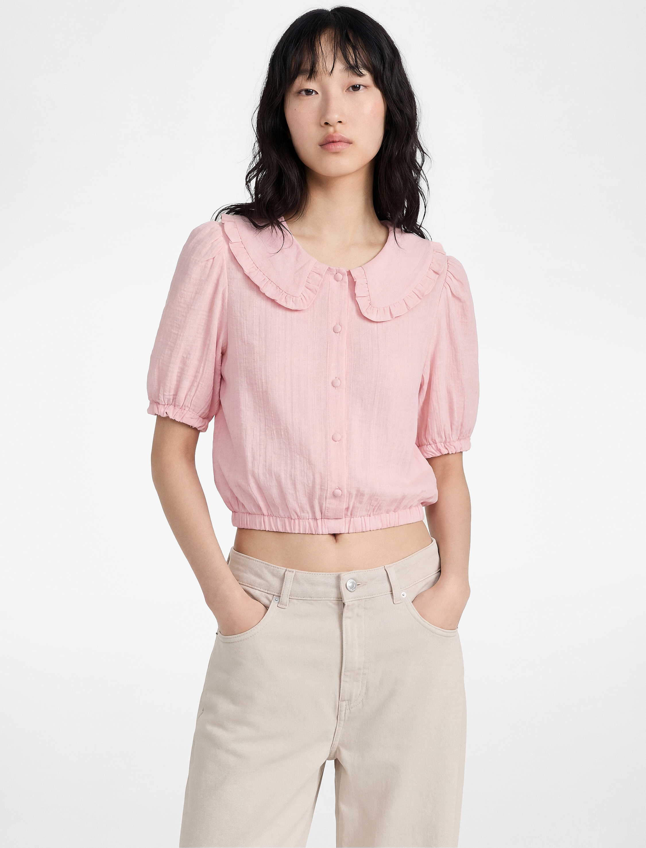   Viskon Karışımlı Düğmeli Kısa Kollu Bebe Yaka Bluz