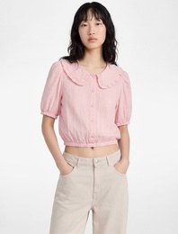 Viskon Karışımlı Düğmeli Kısa Kollu Bebe Yaka Bluz