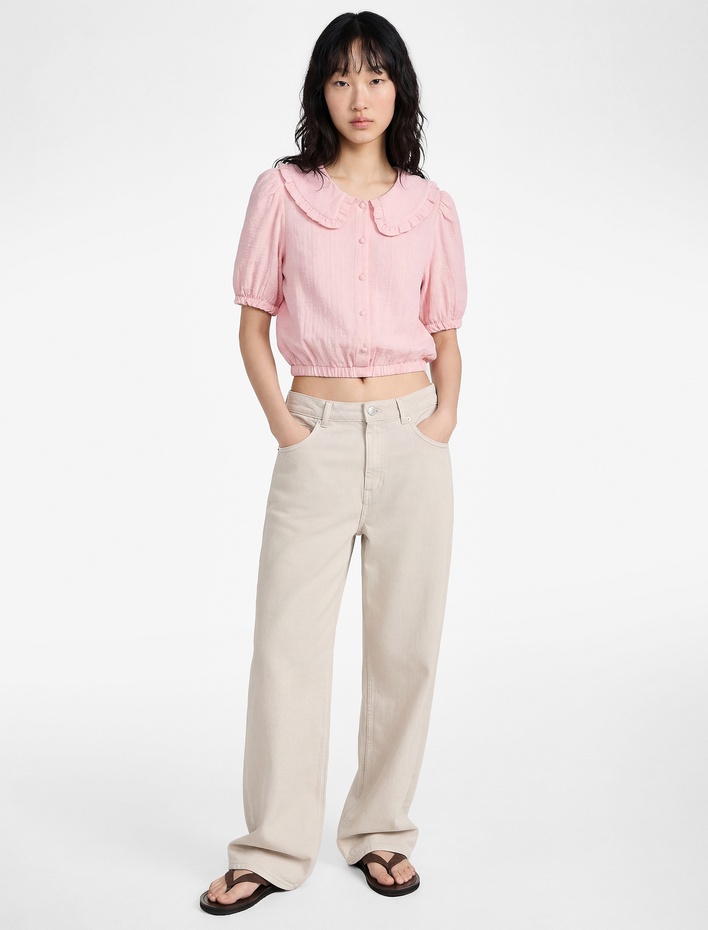  Viskon Karışımlı Düğmeli Kısa Kollu Bebe Yaka Bluz