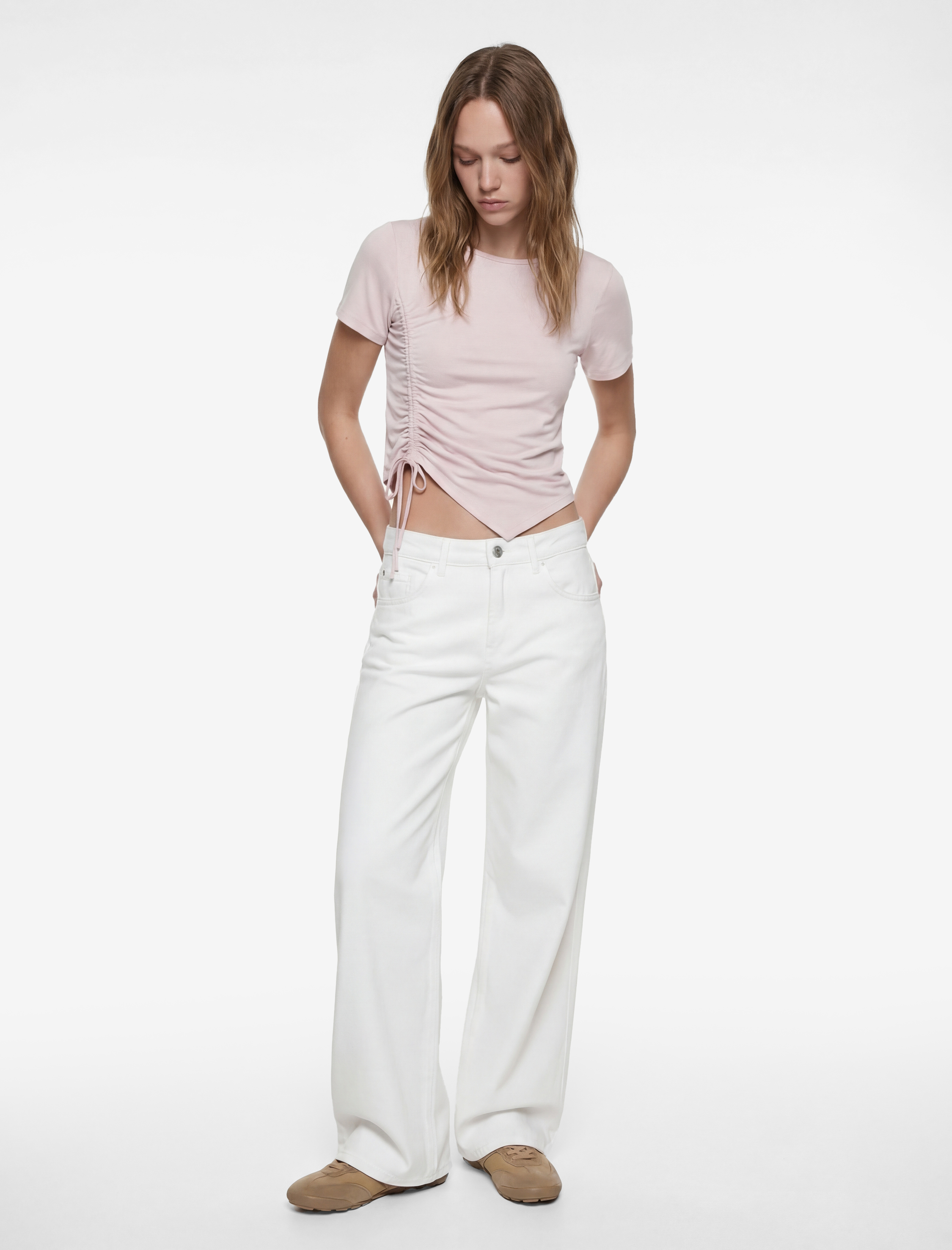   Regular Fit Kısa Kollu Bisiklet Yaka Büzgülü Tişört