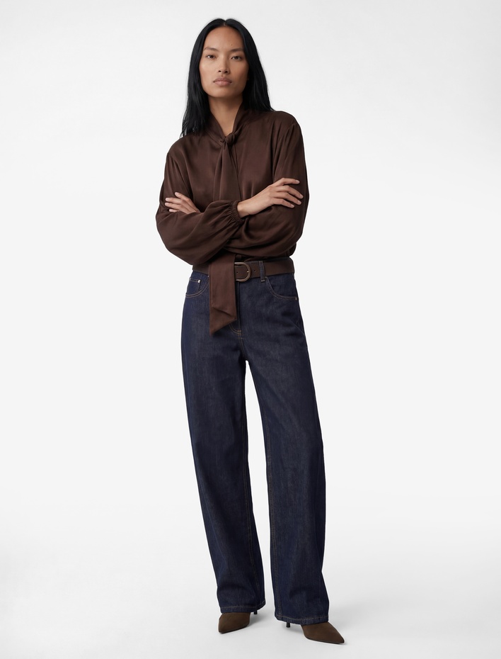  Regular Fit Uzun Balon Kollu Şal Yaka Saten Bluz