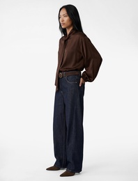 Regular Fit Uzun Balon Kollu Şal Yaka Saten Bluz