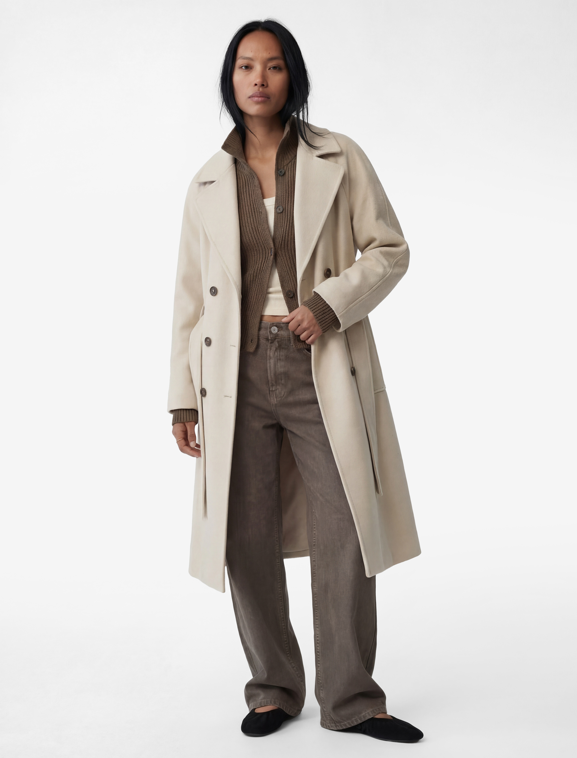   Kruvaze Trenç Kaban Kaşe Kemerli Cepli Düğmeli