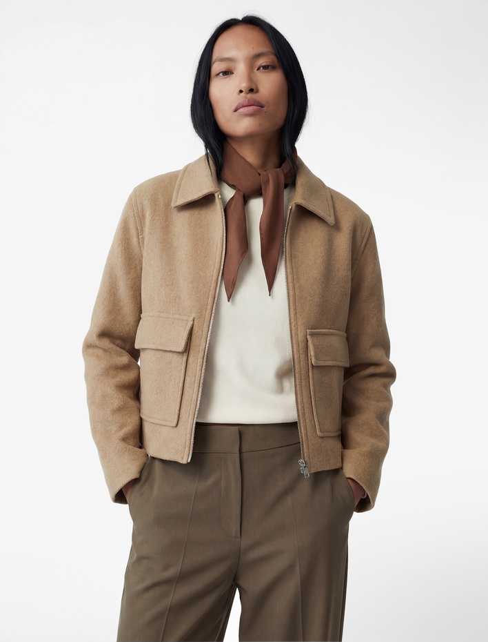  Fermuarlı Cepli Crop Kaşe Ceket