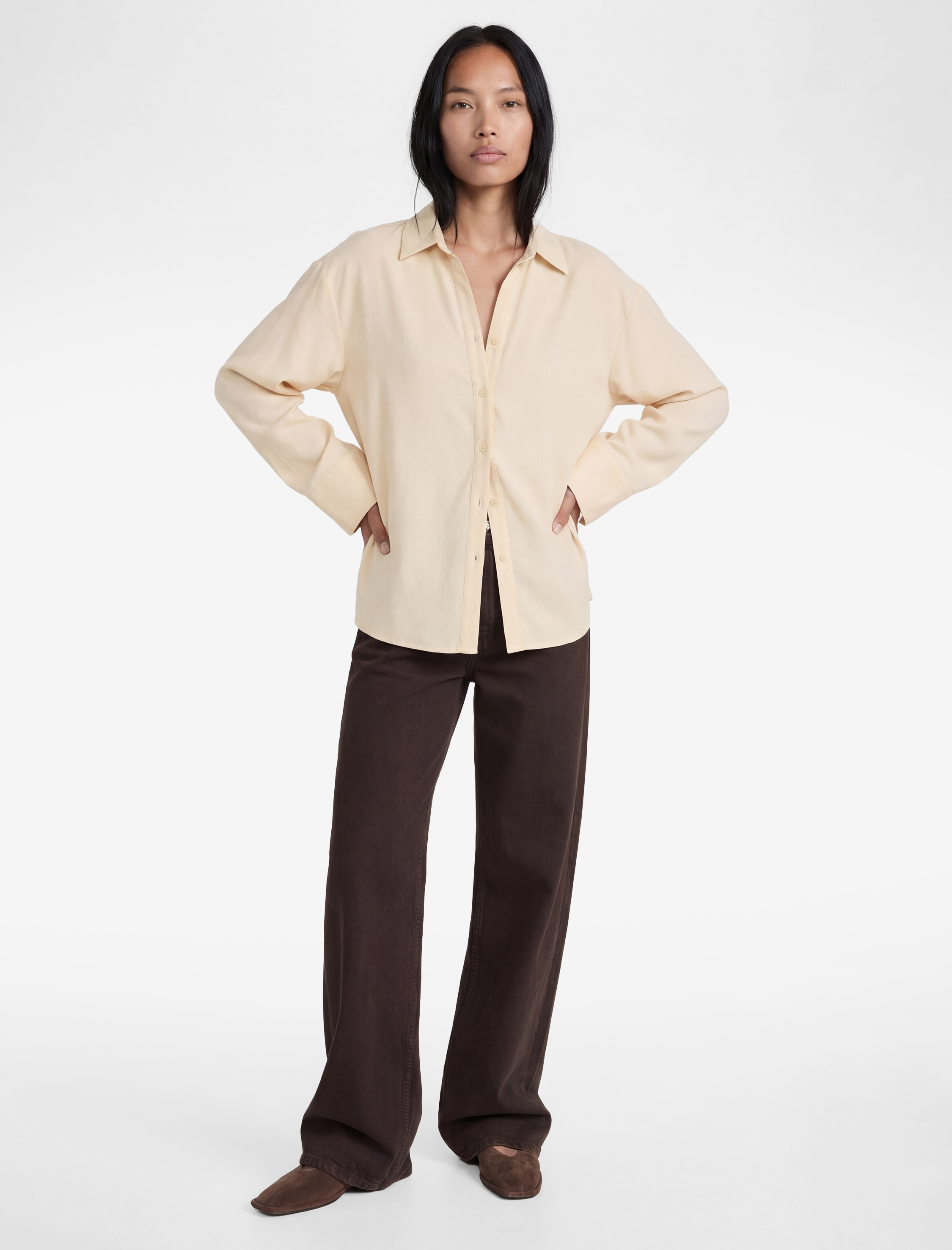   Viskon Karışımlı Klasik Yaka Uzun Geniş Kollu Oversize Gömlek