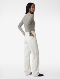 Slim Fit Uzun Kollu Manşetleri Düğme Detaylı Bisiklet Yaka Çizgili Tişört