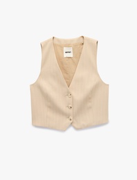 Düğmeli Kruvaze Çizgili Blazer Yelek