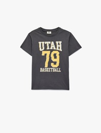 Pamuklu Bisiklet Yaka Kısa Kollu Baskılı Tişört