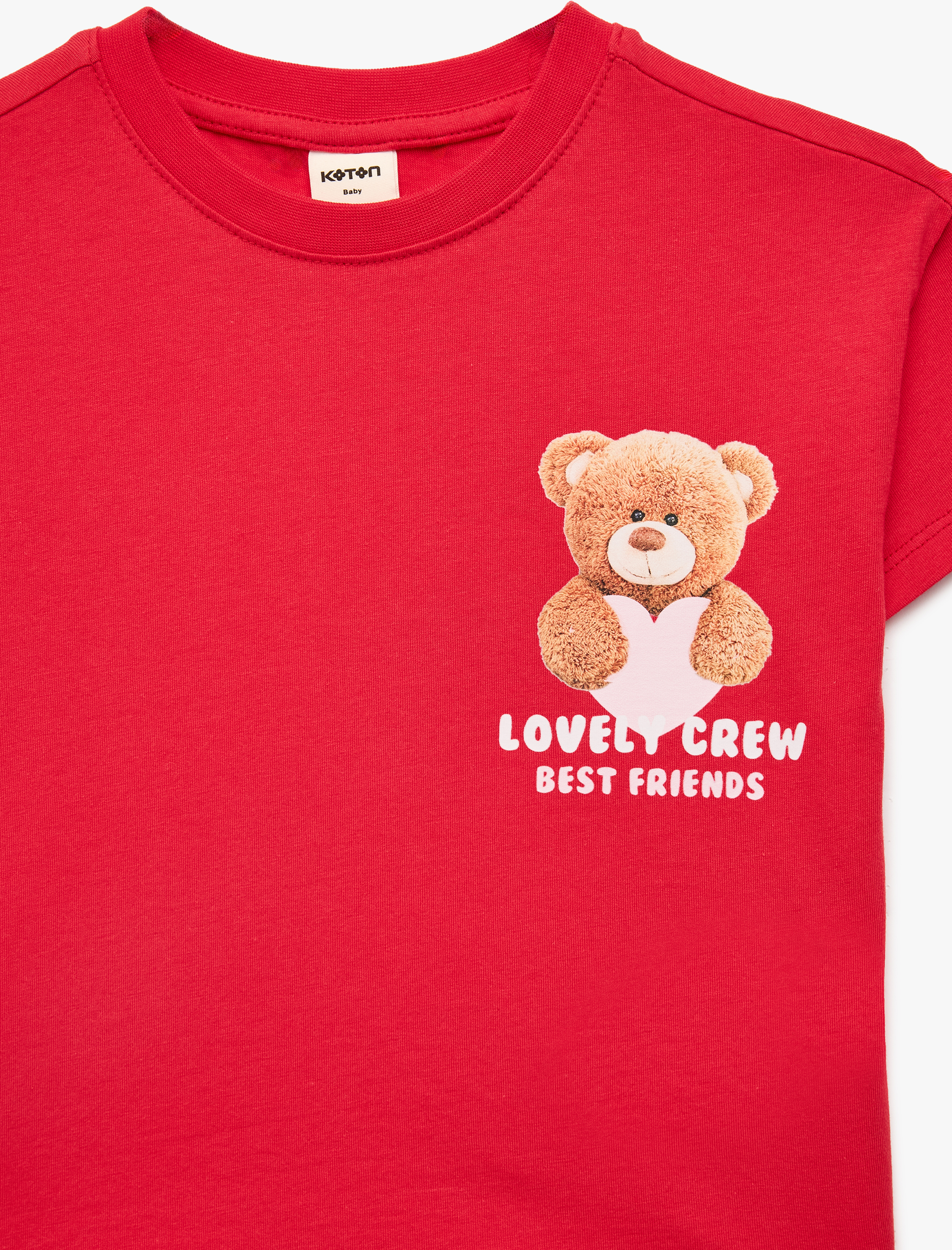  Kız Bebek Pamuklu Kısa Kollu Bisiklet Yaka Kalpli Ayıcık Baskılı Tişört