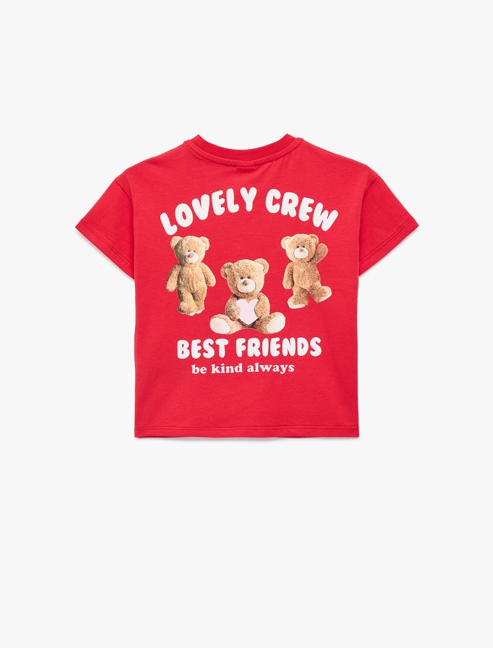 Kız Bebek Pamuklu Kısa Kollu Bisiklet Yaka Kalpli Ayıcık Baskılı Tişört