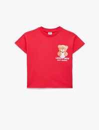 Pamuklu Kısa Kollu Bisiklet Yaka Kalpli Ayıcık Baskılı Tişört