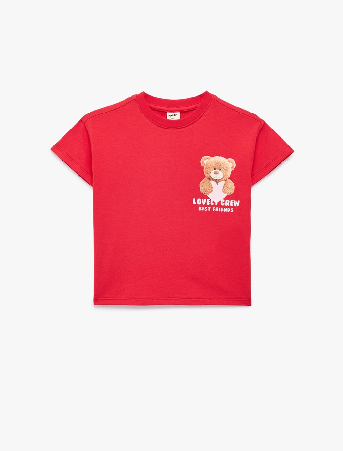 Kız Bebek Pamuklu Kısa Kollu Bisiklet Yaka Kalpli Ayıcık Baskılı Tişört