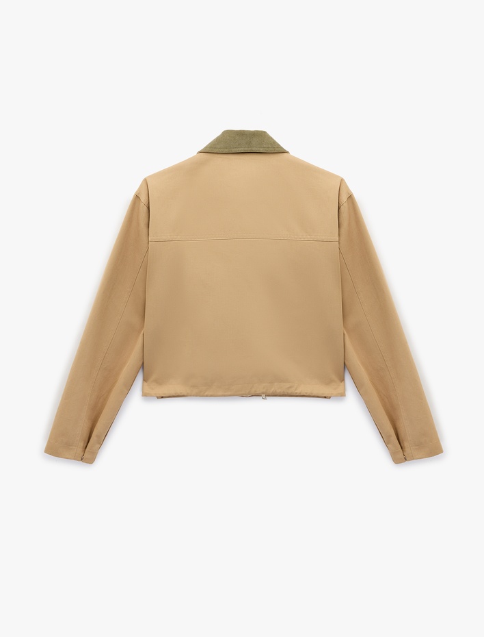  Yaka Detaylı Cepli Fermuarlı Çıtçıt Düğmeli Uzun Kollu Gabardin Ceket