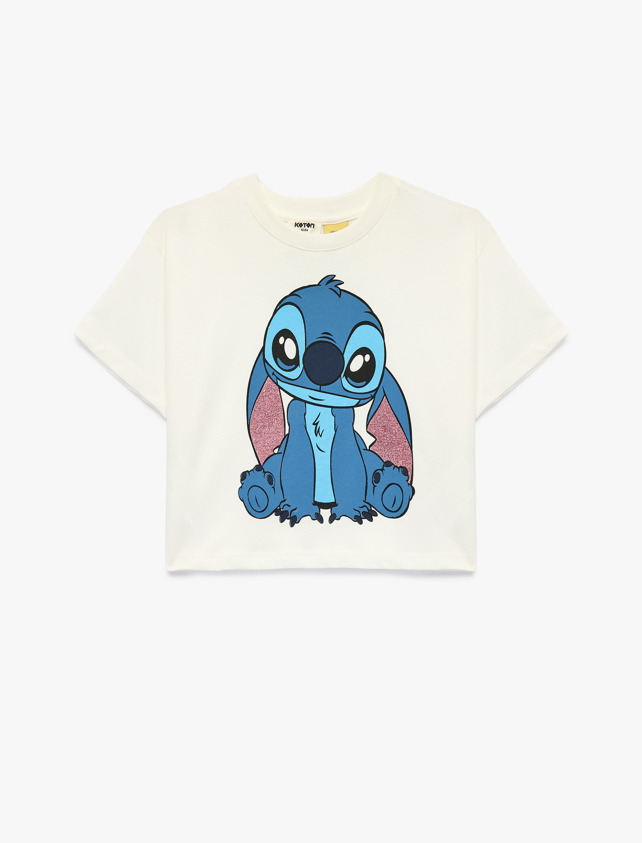  Kız Çocuk Lisanslı Stitch Baskılı Simli Bisiklet Yaka Kısa Kollu Pamuklu Tişört
